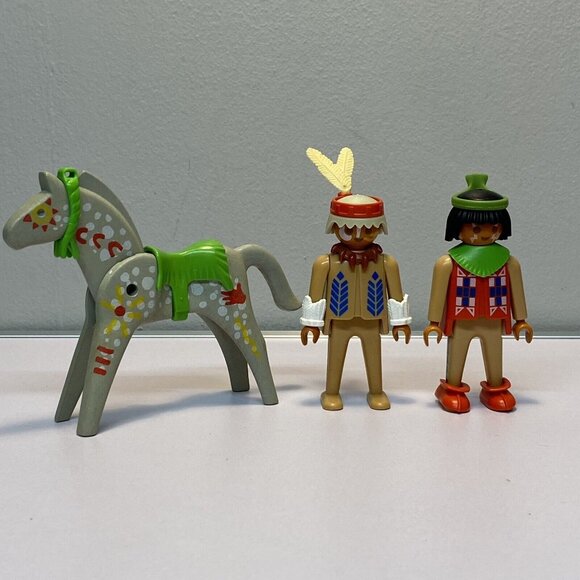 Playmobile Geobra Other - Playmobil 1974 Geobra Native American Indian Man Woman Painted Horse Saddle